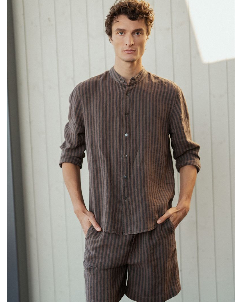 Linen shirt with stand-up collar